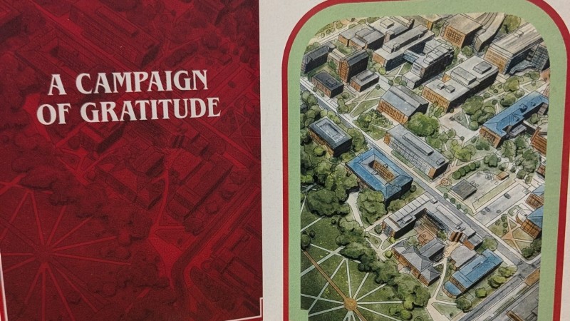 A photo of The Ohio State University's Choose Your Own Adventure style gift for a donor. The cover of the book reads, "The Hidden Path," and features an illustration of the campus. In front of the book on a table are D&D dice and two small cat figurines.