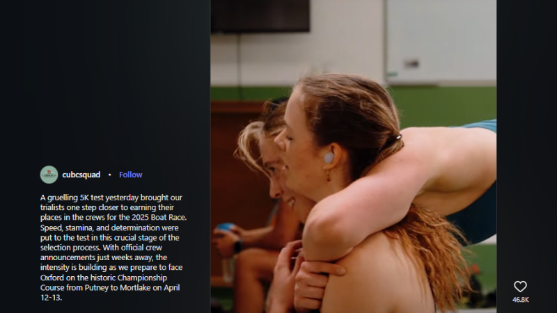 A screenshot from Cambridge's "Capturing Breaking Point" video shows two girls in athletic wear embracing after an ergo test.