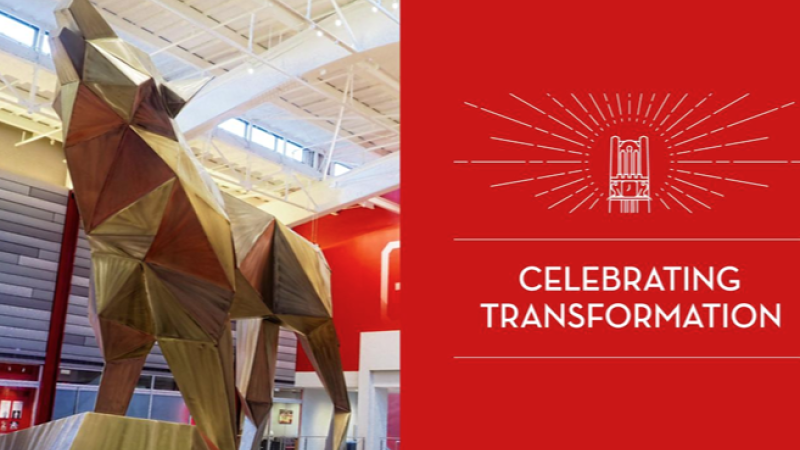 A photo of a gold wolf statue and the words "Celebrating Transformation."