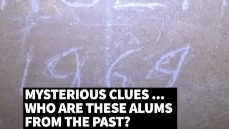 Photo of the year "1964" etched into a wall with the caption "Mysterious Clues ... Who are these alums from the past?"
