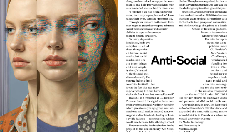 A story in the Coloradan Magazine includes an illustration of three different versions of the same girl alongside the text for a story titled "The Anti-Social Network."