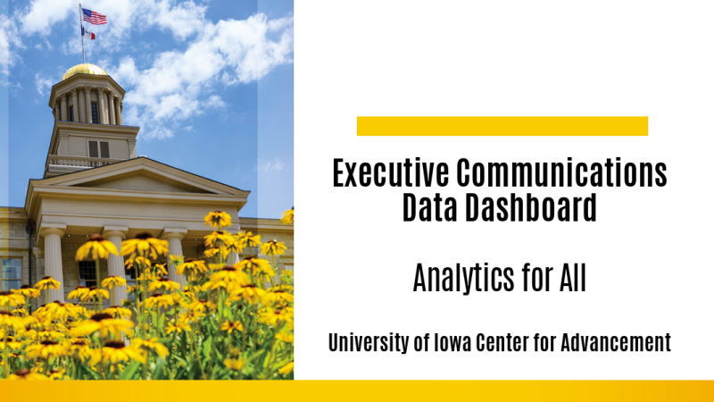 A photo of a University of Iowa domed-campus building flying Iowa and American flags. In front of the building are sunflowers.
