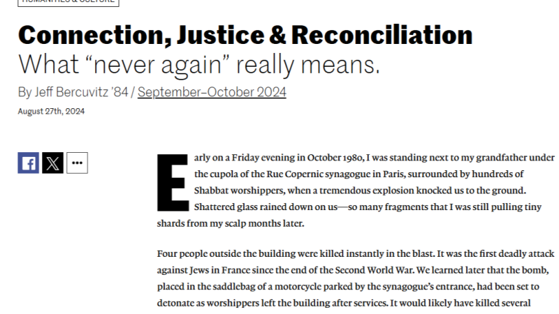 Screenshot of the headline "Connection, Justice & Reconciliation." The subhed reads "What 'never again' really means."