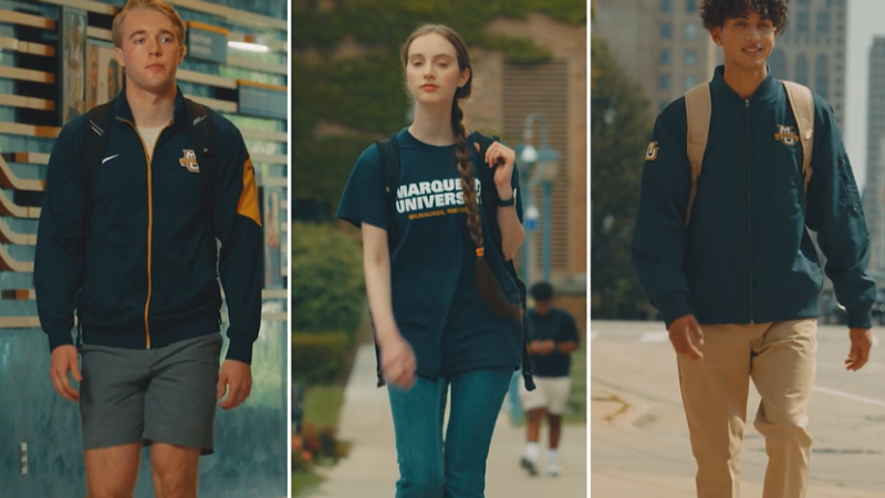 A series of three photos, each shows a student wearing Marquette gear walking on campus.