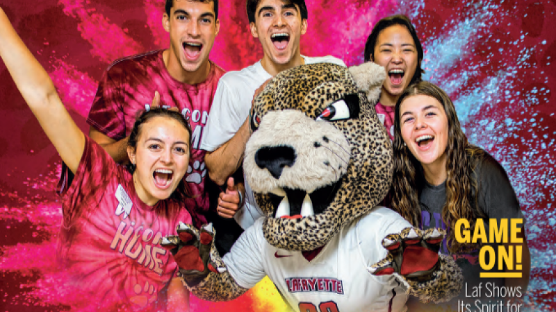 The cover of Cur Non Volume 8 Issue 2 shows a group of Lafayette College students with mascot Roary the leopard.