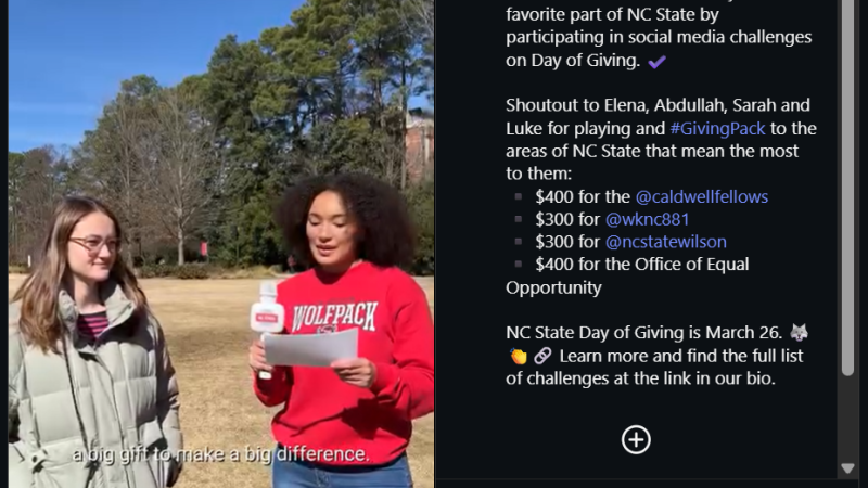 A screenshot from NC State's Day of Giving Gameshow video shows one student interviewing another with a microphone and question cards.