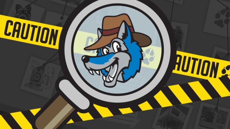 The logo for CSUSB's Giving Day features Detective Cody's face (a blue wolf wearing a deerstalker hat) at the center of a magnifying glass. Behind it, caution tape runs across the image, with a murder board grayed-out as the background.