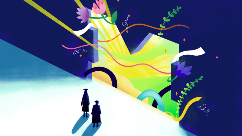 An illustration shows two graduates standing in front of a larger-than-life "M" from which flowers and greenery sprouts.