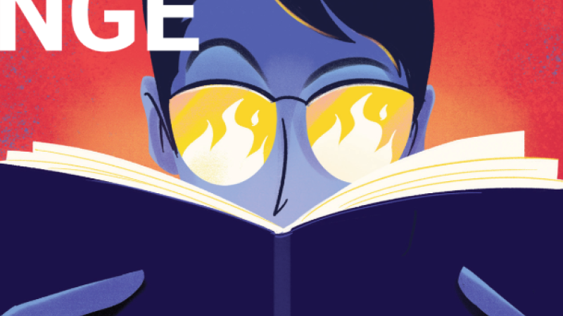The cover of the 2025 issue of Exchange Magazine features an illustration of a person with blue colored skin holding a blue-colored book in front of the bottom half of their face. They wear glasses with yellow flames filling the lenses.