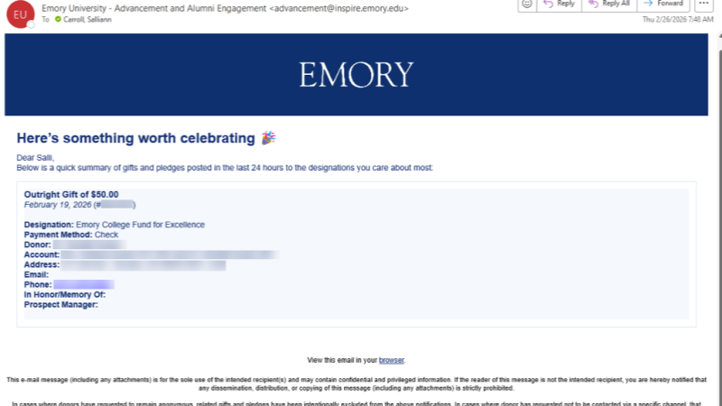 A screenshot of the email Faculty Champions receive at Emory University.