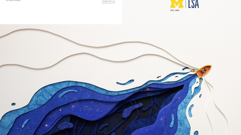 The 2024 fall cover of University of Michigan, Ann Arbor's LSA Magazine shows a single person in a small row boat making its way through serene waters.