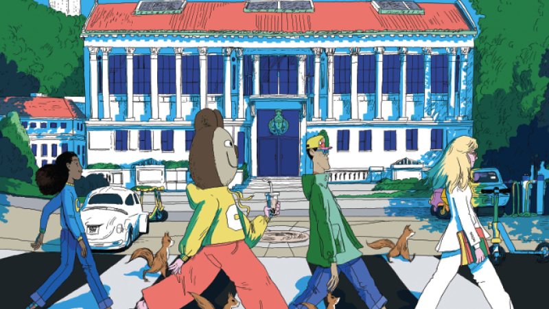 The cover of the UC Berkeley Library Annual Report 2024-2025 features a UC Berkeley-specific illustration in the style of The Beatles' Abbey Road album cover.