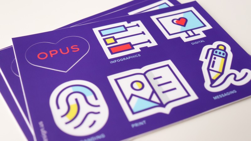 Opus Design postcard: "infographics", "digital", "messaging", "print", "branding"