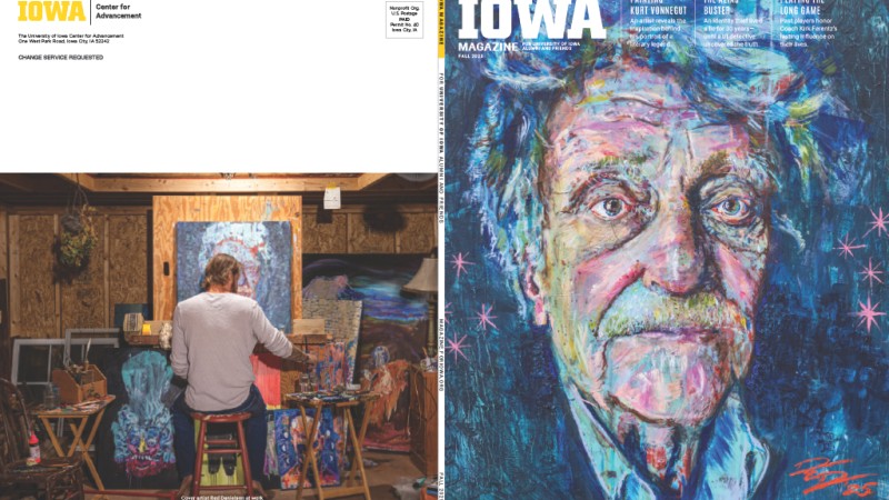 The Fall 2025 cover for Iowa Magazine features a portrait of Kurt Vonnegut on the front cover and a photo of artist Red Danielson painting the portrait on the back cover.