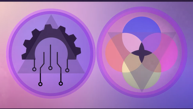 A graphic with two circles. On the left, a gear with lines to represent the flow of data and artificial intelligence. On the right, a series of pastel-colored overlapping circles to represent religion.