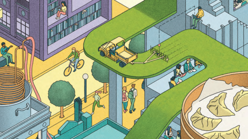 The cover of the Spring 2025 issue of LSA Magazine features an illustration of an interconnected cityscape campus.