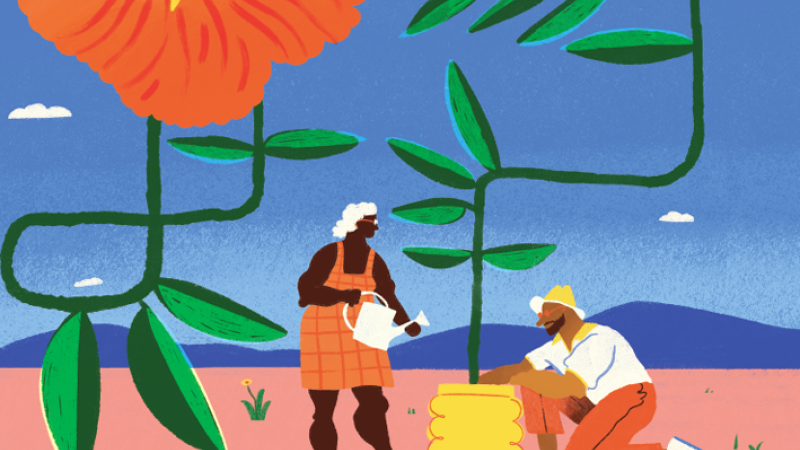 Illustration of two people watering a larger-than-life plant.