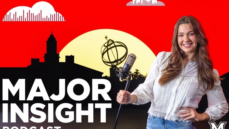An ad for Major Insight features an image of host Michaela Buck.