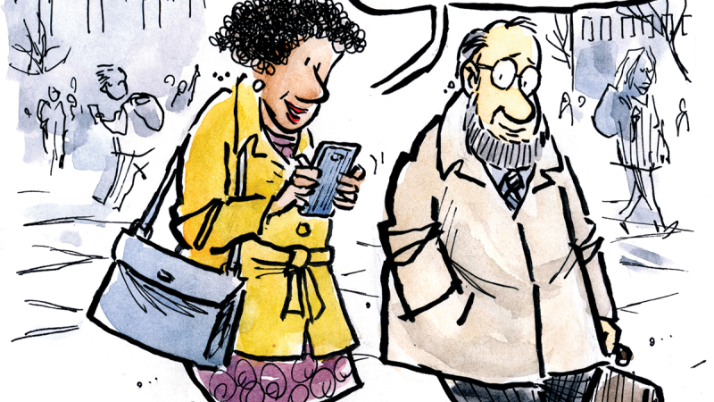 CARTOON: Woman reading from phone to man "The best defense against the media confusing faculty Tweets with university Tweets? Stonger hashtags!"