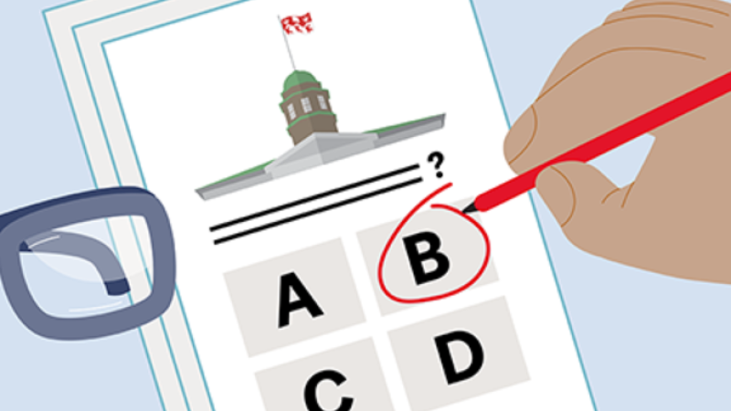 Illustration of a hand holding a red pen and circling the answer "B" on a piece of paper. On the piece of paper is the image of a campus building at the top and four boxes with A, B, C, and D listed within them below that.