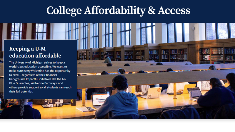 The homepage of U-M's "College Affordability & Access" webpage shows a photo of students working in a campus library.
