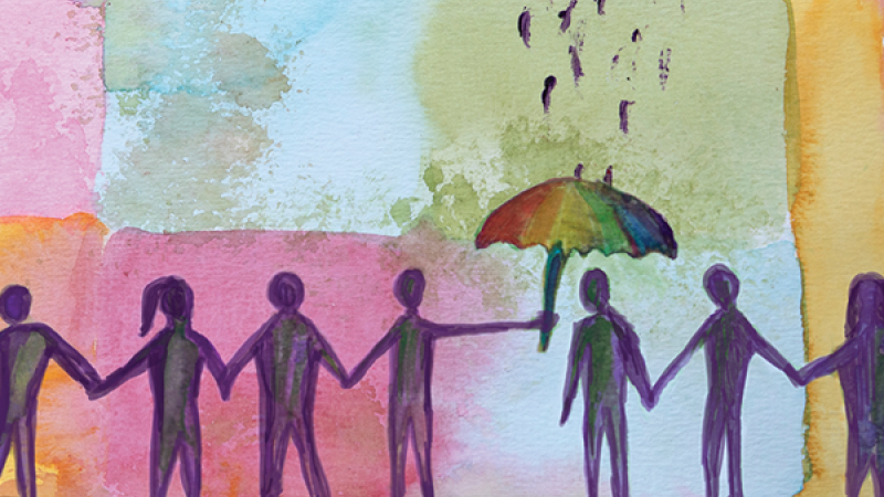 Illustration of a group of people, with one person holding a rainbow-colored umbrella protecting another from a singular raincloud