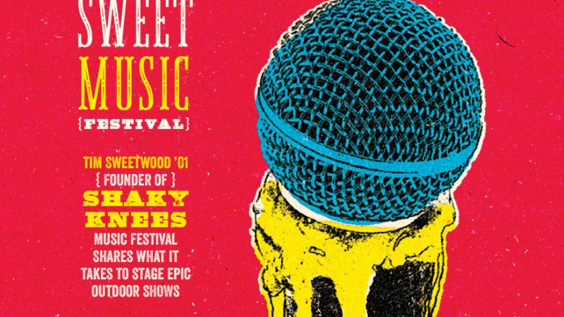 The Fall/Winter 2025 cover of Miamian magazine. Against a red background is a black ice cream cone with yellow ice cream dripping down its sides, and a blue microphone head sits on top of it. The headline reads, "Sweet Music Festival."