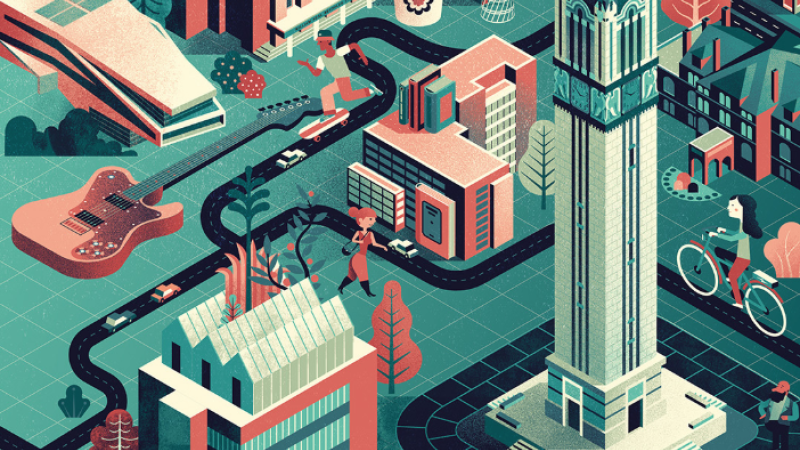A blue and red colored illustration shows a guitar, academic buildings, city streets, ice cream, and more.