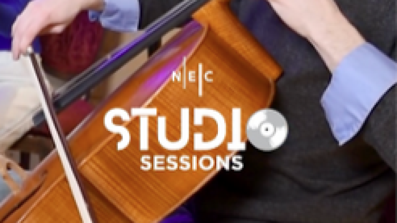 Close-up of someone playing the cello. The caption reads: "NEC Studio Sessions."