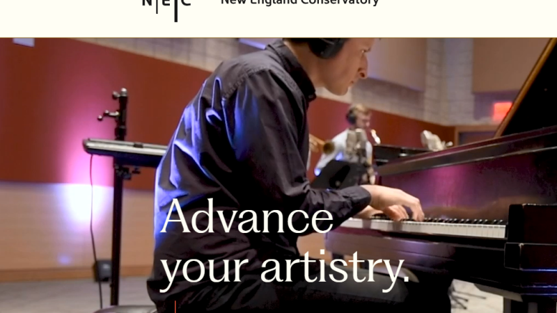 The homepage of NEC's website reads "Advance your artistry." A photo of a pianist at a piano is seen.