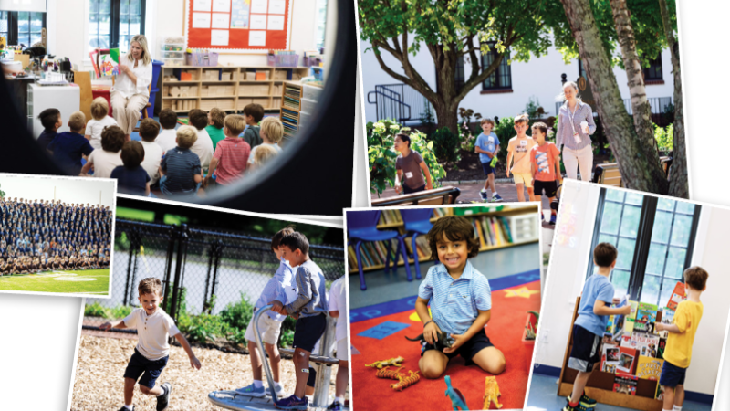 A collage of photos shows boys playing on the playground and in the classroom.