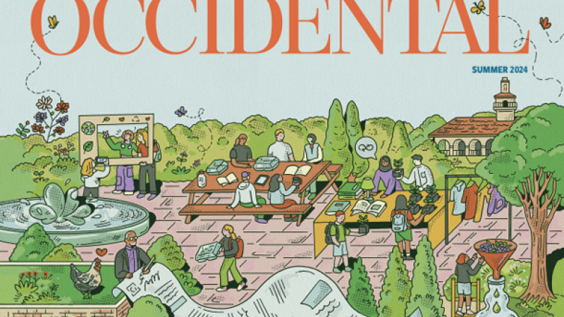 The cover of Occidental College's summer 2024 magazine shows an illustration full of greenery and people engaging in sustainability activities. 