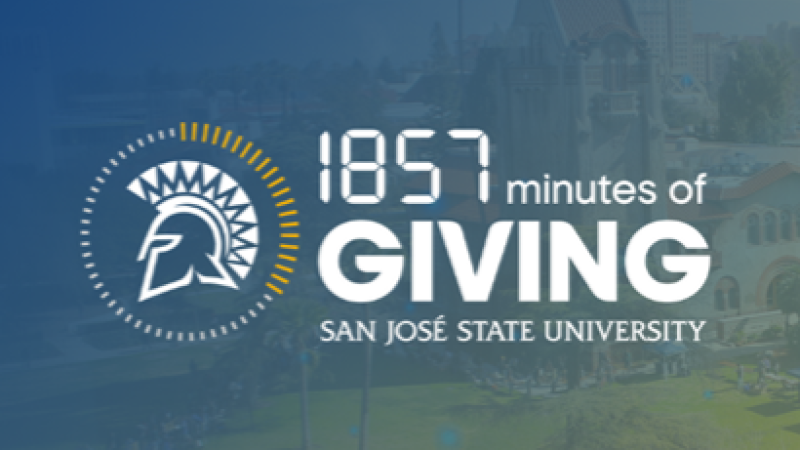 The logo for SJSU's 1,857 Minutes of Giving features a blue-shaded photo of campus.