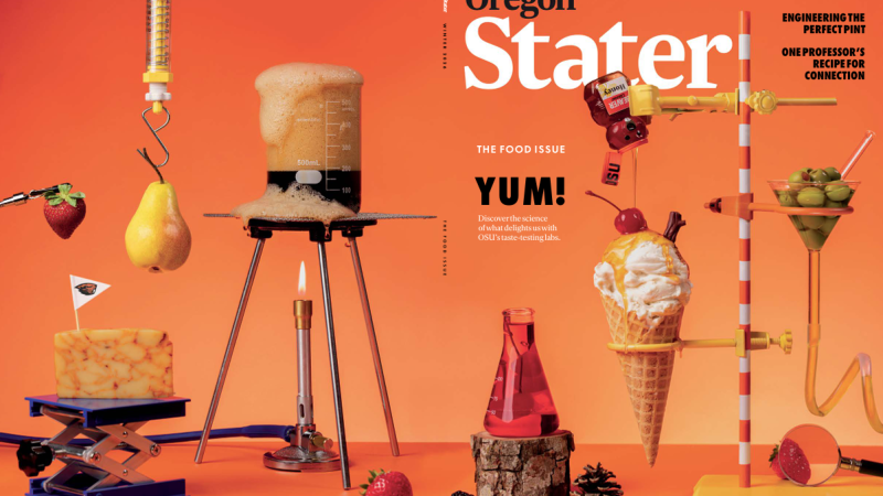 The front and back covers of the Winter 2026 issue of the Oregon Stater shows a tableau of scientific and food items against an orange background.