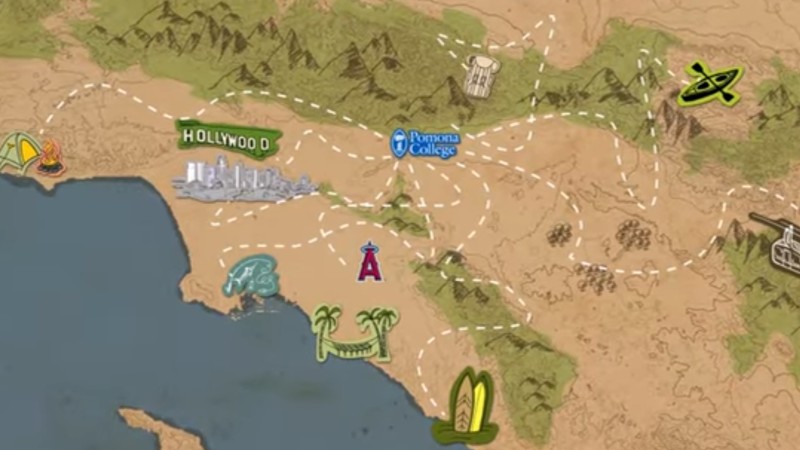 An illustration of a map of California with Pomona College at the center. Dashed white lines lead to other landmarks in the area.