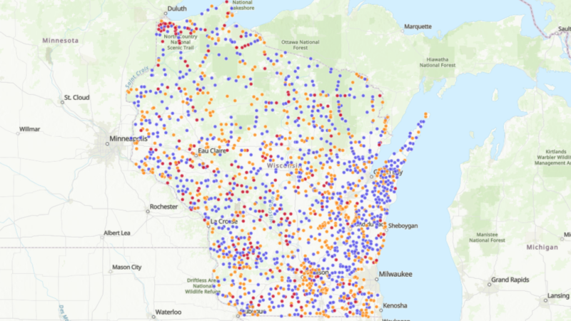 A map of Wisconsin shows purple (unincorporated communities), red (cartographic phantoms), and orange (unverified locales) dots.