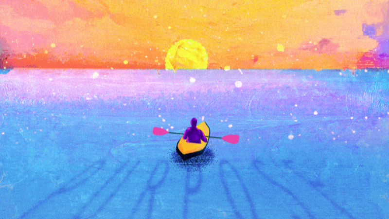 Illustration of a kayaker staring towards the horizon where the sun sets. In the water, the word "purpose" can be seen.