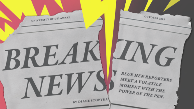 The headline for University of Delaware Magazine's Power of the Pen story is designed to look like a "Breaking News" headlined newspaper.