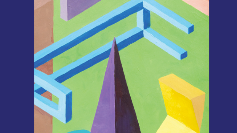 The cover of the Spring 2025 issue of Prattfolio features a blue border, green background, and illustrations of multi-colored geometric shapes.