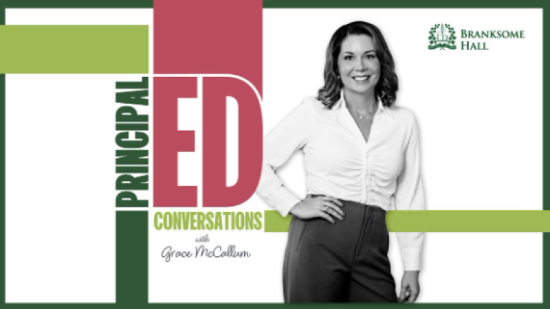 The logo for PrincipalED features a black and white photo of host Grace McCallum.
