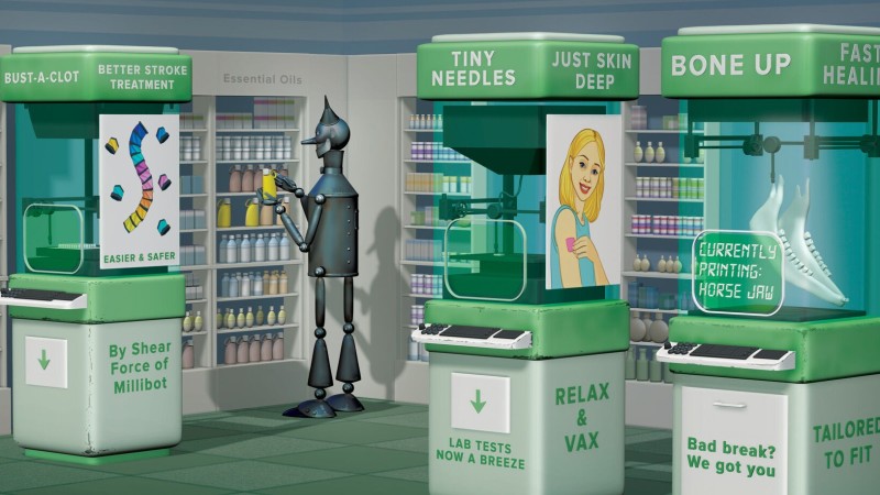 An illustration of a Tin Man-like robot stocking selves of essential oils. In front of the selves sit three automated machines advertising health fixes.
