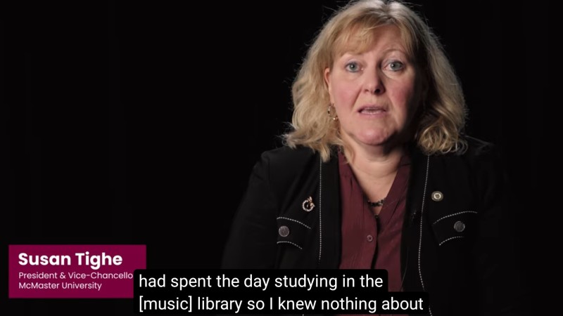 A screenshot from "Remembering December 6." Susan Tighe says in a talking head interview, "had spent the day studying in the library so I knew nothing about...."