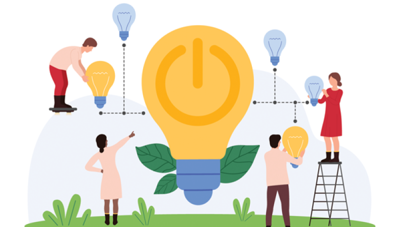 Graphic of people connecting a large lightbulb to smaller lightbulbs