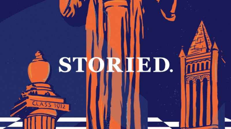 The cover of the fifth issue of STORIED features an illustration of three UIUC specific orange-colored chess pieces on a navy blue and white chess board.