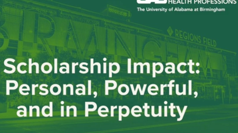 Thumbnail for a video shows a green background and the words "Scholarship Impact: Personal, Powerful, and in Perpetuity."