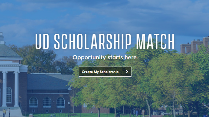 A photo of the University of Delaware campus with the words: "UD Scholarship Match: Opportunity starts here."