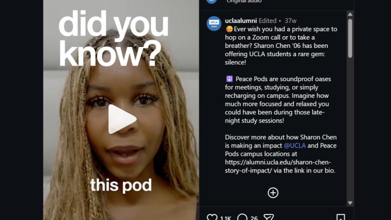 Screenshot of a UCLA Instagram post from its "did you know?" series. This one shares about the campus' peace pods.