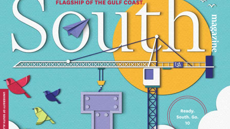 The cover of South Magazine's fall 2024 issue shows an illustration of a crane against a blue sky. A paper airplane and birds can also be seen.