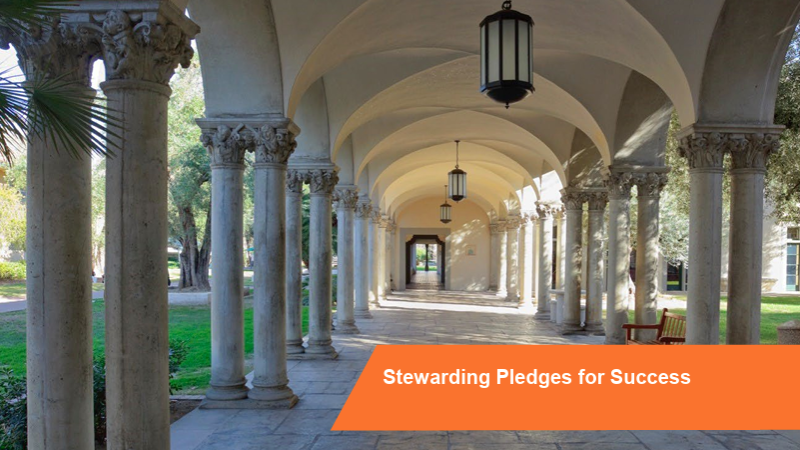 A photo of the Caltech campus with the words "Stewarding Pledges for Success."