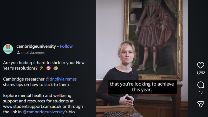 A screenshot from a University of Cambridge TikTok shows Dr. Olivia Remes sitting in a chair in front of a portrait talking to camera.